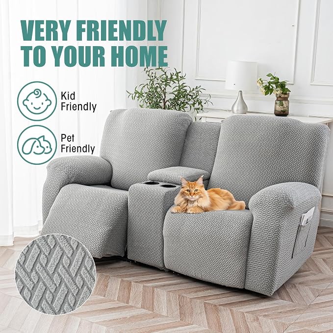Genina Recliner Loveseat Covers with Console, Stretch Reclining Sofa Covers, 2 Seater Couch Cushion Stripe Jacquard Recliner Slipcovers - Furniture Protector Covers for Pet Kid (Light Gray)