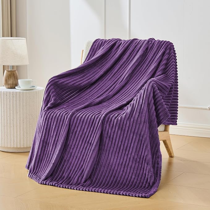 Bnuitland Fleece Throw Blanket, 300GSM Soft Warm Cozy Fluffy Throw for Babys & Pets, Stripe Pattern, All Season Sofa Bed Blanket for Home Decor, Dark Purple 50"x70"