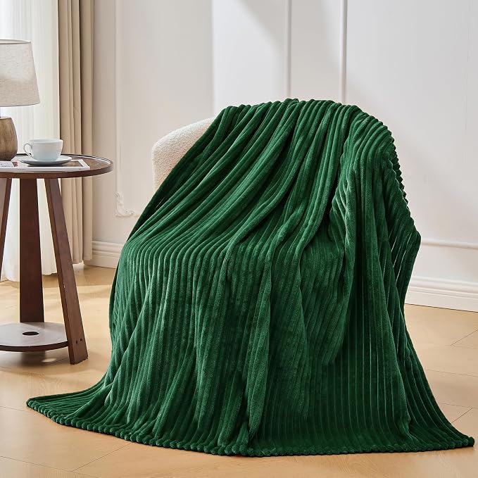 Bnuitland Fleece Throw Blanket, 300GSM Soft Warm Cozy Fluffy Throw for Babys & Pets, Stripe Pattern, All Season Sofa Bed Blanket for Home Decor, Dark Green 50"x60"