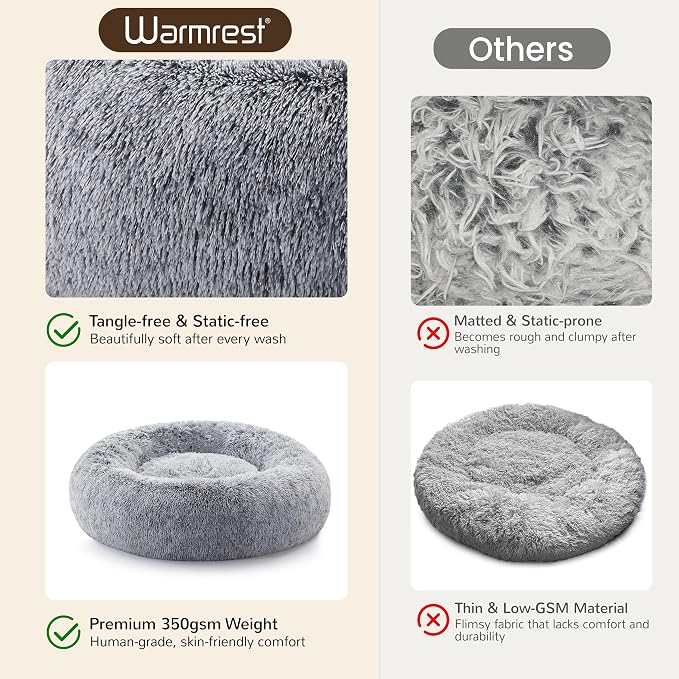 Donut Dog Bed Medium Size Dog, Round Cat Beds for Small Medium Dogs and Cats with Washable Fluffy Faux Fur, Cute Comfort Pet Bed with Anti-Slip Bottom, Grey, 24"