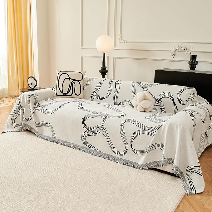 MEETSKY Boho Couch Cover Sofa Covers, Chenille Black Line Couch Covers for 2 Cushion Couch Sofa for Dogs, Washable Slipcover for Cat Sofa Protector with Tassels,71" x 118"