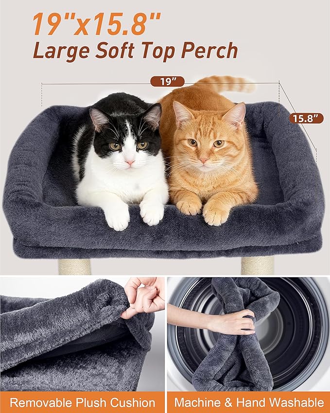 Cat Tree with Large Top Perch Bed (19"×15.8"), Small Cat Tower with Scratching Post for Indoor Cats, Dual Natural Sisal Scratcher,Space-Saving,Removable Bed (Dark Gray)