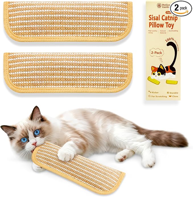 Sisal Catnip Pillow Toy Kickers, 2 Pack Interactive Catnip Toys with Organic 8000mg Herbal Blend for Indoor Scratching, Chewing & Teething, Fun for Kittens and Adult Cats