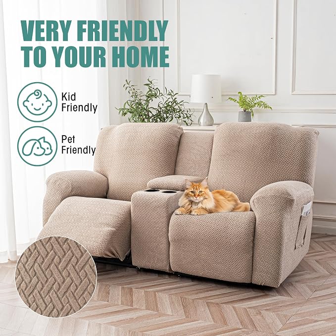 Genina Recliner Loveseat Covers with Console, Stretch Reclining Sofa Covers, 2 Seater Couch Cushion Stripe Jacquard Recliner Slipcovers - Furniture Protector Covers for Pet Kid (Taupe)