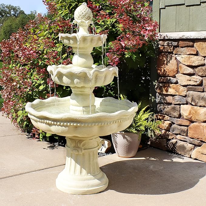 Sunnydaze 51-Inch 3-Tier Water Fountain – Electric Outdoor Fountain with Pineapple Top – Outdoor Patio & Garden Water Feature – Continuous Flow Pump with 6 ft Cord – White