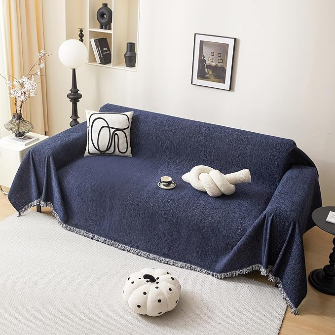MEETSKY Blue Sofa Covers for 3 Cushion Couch Cover for L Shaped Sectional Sofa Covers Couch Protector Thick Chenille Fabric Washable, Modern Sofa Towel for Living Room, 91" x 118", Navy