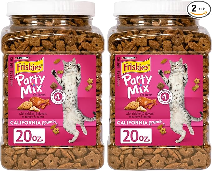 Friskies Purina Party Mix California Crunch with Chicken and Flavors of Turkey and Bacon Cat Treats - 20 oz Canister (Pack of 2)