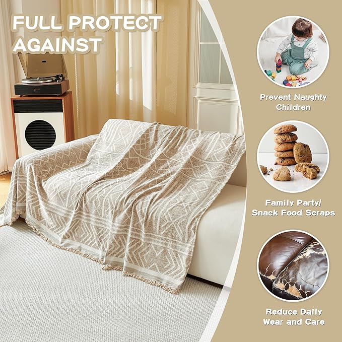 MEETSKY Boho Couch Cover Sofa Covers, Chenille Geometric Khaki Couch Covers for 2 Cushion Couch Sofa for Dogs, Washable Slipcover for Cat Sofa Protector with Tassels,71" x 118"