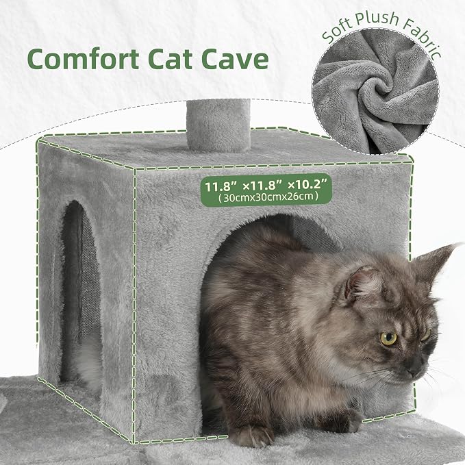 Gitelsnour Multi-Level Cat Tree for Indoor Cats, Cat Tower with 2 Scratching Boards, 2 Plush Padding Platforms, Cat Condo House with Hammock, Basket, Light Gray GCT022W