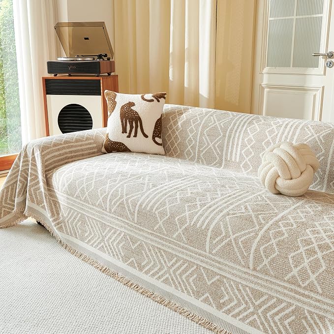 MEETSKY Boho Couch Cover Sofa Covers, Chenille Geometric Khaki Couch Covers for 2 Cushion Couch Sofa for Dogs, Washable Slipcover for Cat Sofa Protector with Tassels,71" x 118"