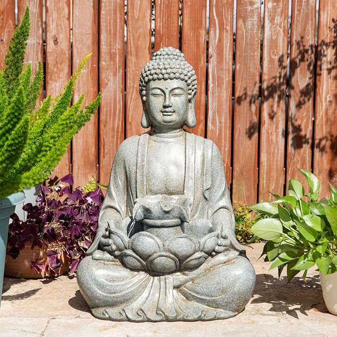 Glitzhome Buddha Outdoor Water Fountain with Lights and Pump, 28.25" H Zen Style Outdoor Fountain Concrete Meditating Buddha Statue Polyresin Garden Fountain Waterfall for Patio, Porch, or Yard Decor
