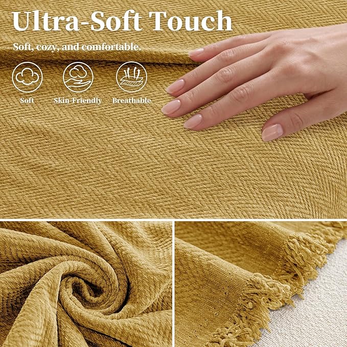 hyha Couch Cover for Dogs, Boho Sofa Covers for 3 Cushion Couch Washable, Chenille Sofa Slipcover for Pets, Soft Loveseat Sectional Couch Throw Blankets with Tassels (Yellow, 88.5x118 Inch)