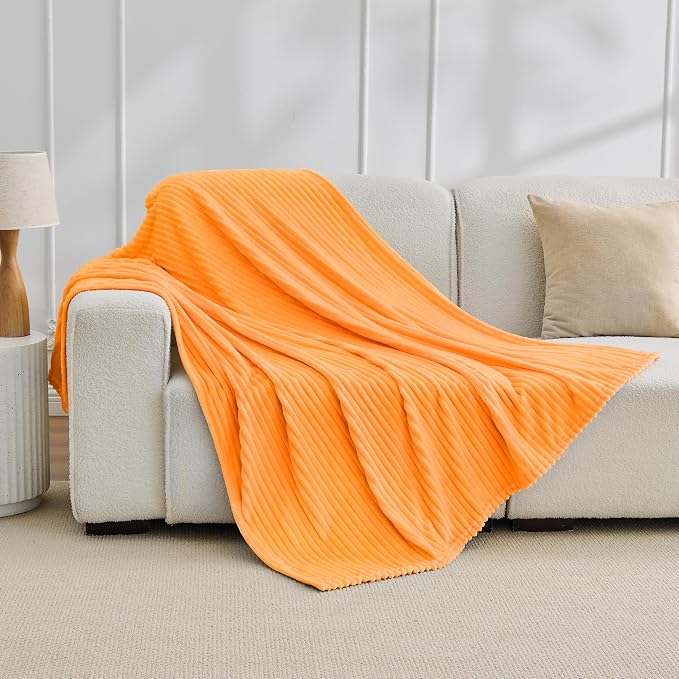 Bnuitland Fleece Throw Blanket for Couch, 300GSM Soft Warm Cozy Fluffy Throw for Adults & Kids, Stripe Pattern, All Season Sofa Bed Blanket for Home Decor, Light Orange 50"x60"