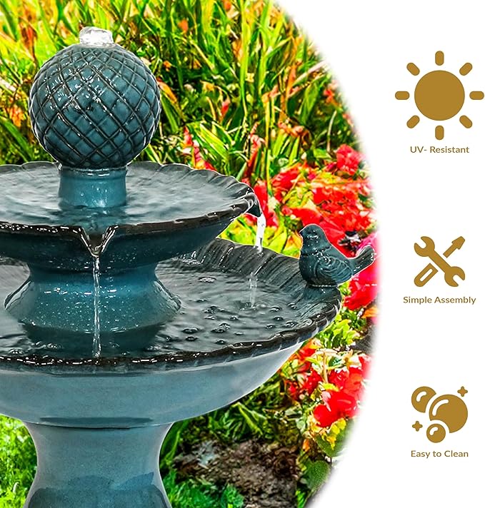 Sunnydaze 27" H 2-Tier Ceramic Water Fountain - Outdoor Water Feature for Patio, Yard, Balcony - Garden Fountain - Blue