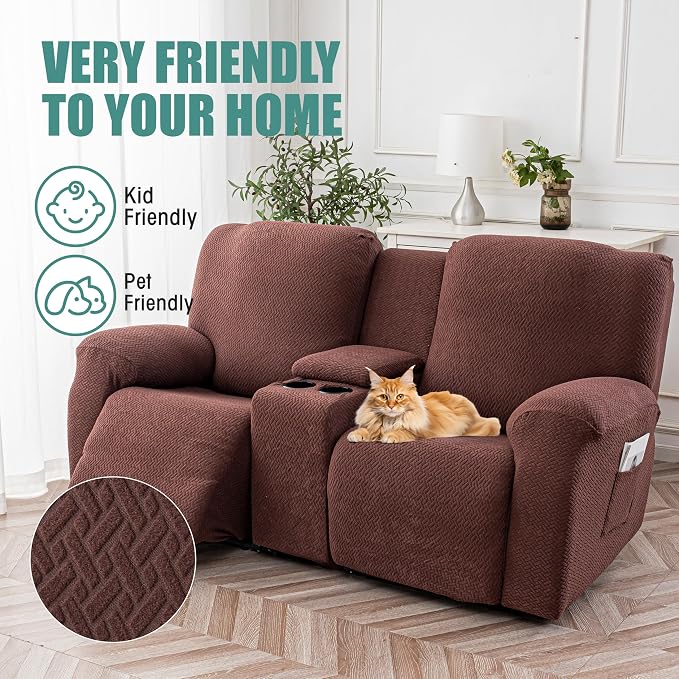 Genina Recliner Loveseat Covers with Console, Stretch Reclining Sofa Covers, 2 Seater Couch Cushion Stripe Jacquard Recliner Slipcovers,Furniture Protector Covers for Pet (Chocolate)