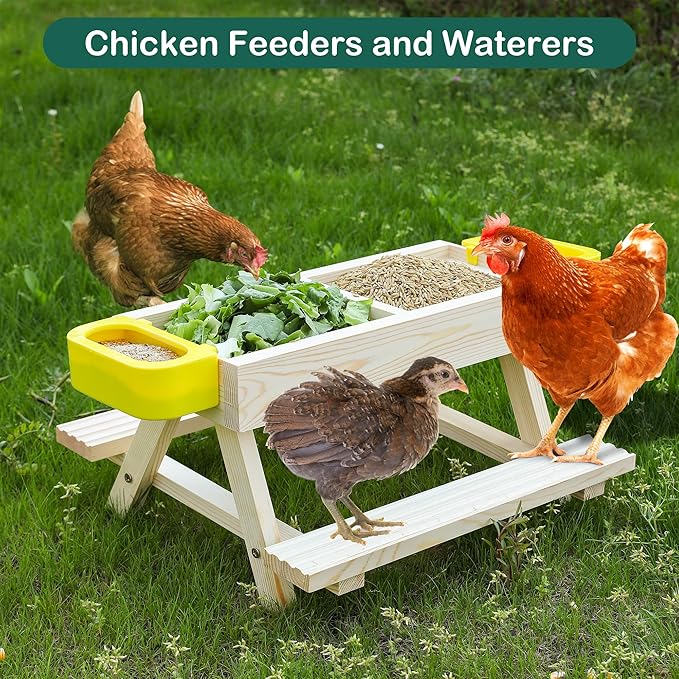 Boulphia Chicken Feeders and Waterers, Chicken Feeder No Waste Kit with Picnic Table and 2 Water Feeder, Handmade Wooden Chicken Supplies & Accessories for Chicken Coop