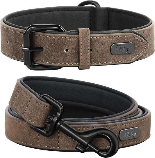 Didog Soft Padded Leather Dog Collar and Leash Set, Adjustable Dog Leash and Collar Set with Metal Buckle, Breathable Dog Collars with 4FT Leather Dog Leash for Small Medium Large Dogs, Brown, L