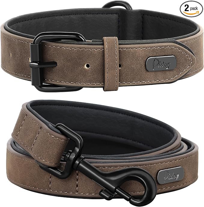 Didog Soft Padded Leather Dog Collar and Leash Set, Adjustable Dog Leash and Collar Set with Metal Buckle, Breathable Dog Collars with 4FT Leather Dog Leash for Small Medium Large Dogs, Brown, M