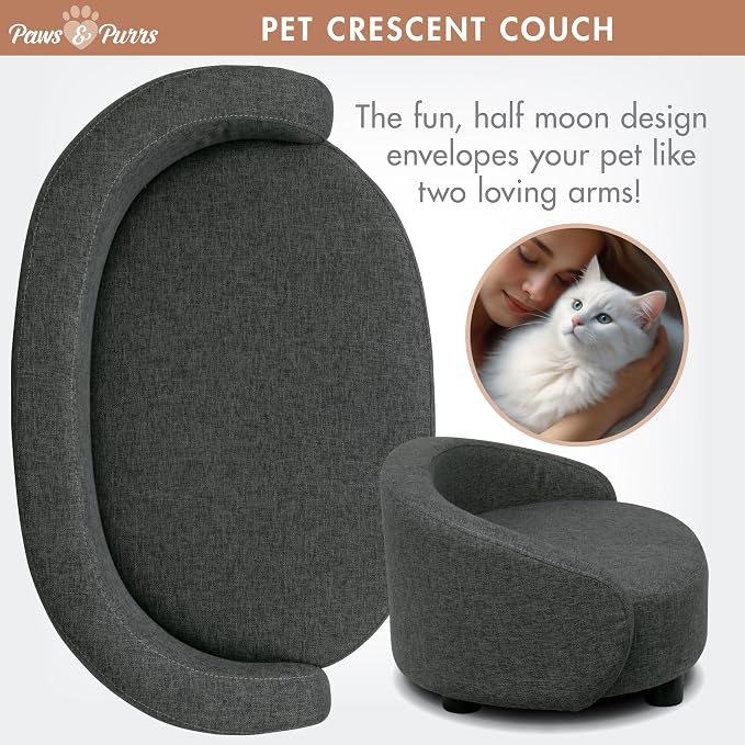 Paws & Purrs Arc Crescent Back Sofa Style Pet Bed, Dog & Cat Modern Couch with Tufted Cushion & Armrest, Stylish Indoor Pet Furniture, Dark Gray