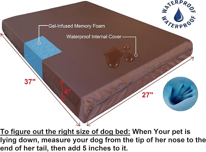 Dogbed4less Medium Large Orthopedic Gel Infused Memory Foam Dog Bed, Waterproof Liner and Washable Microsuede Brown Cover
