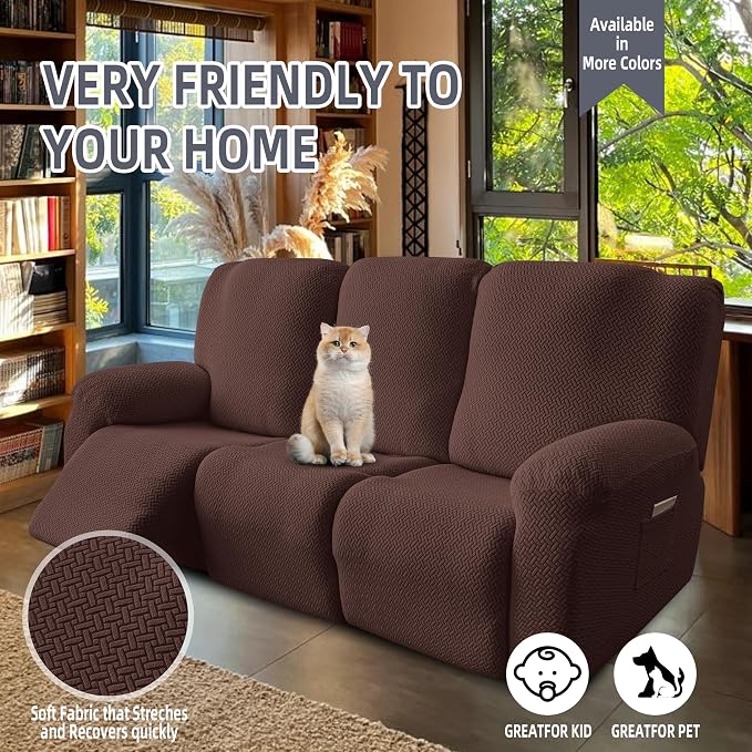 Genina Recliner Sofa Covers - Stretch Reclining Couch Covers with Stripe Jacquard - 3 Seat Cushion Slipcovers with Soft Fabric - Furniture Protector for Pet Kid (Chocolate)
