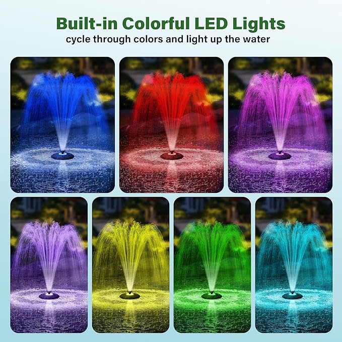 Biling Floating Pond Fountain with 660GPH Pond Pump, Color-Changing LED Lights, 27 FT Power Cord, 3 Spray Patterns – Outdoor Pond Fountain, Black