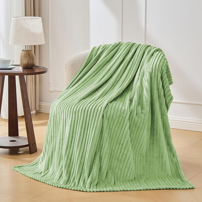 Bnuitland Fleece Throw Blanket, 300GSM Soft Warm Cozy Fluffy Throw for Babys & Pets, Stripe Pattern, All Season Sofa Bed Blanket for Home Decor, Light Green 60"x80"