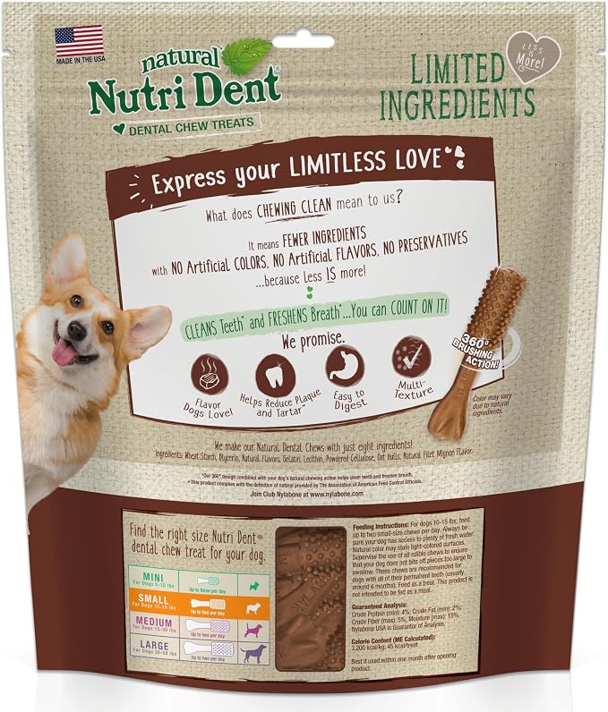 Nylabone Nutri Dent Dog Dental Chews - Natural Dog Teeth Cleaning & Breath Freshener - Dental Treats for Dogs - Filet Mignon Flavor, Small (64 Count)