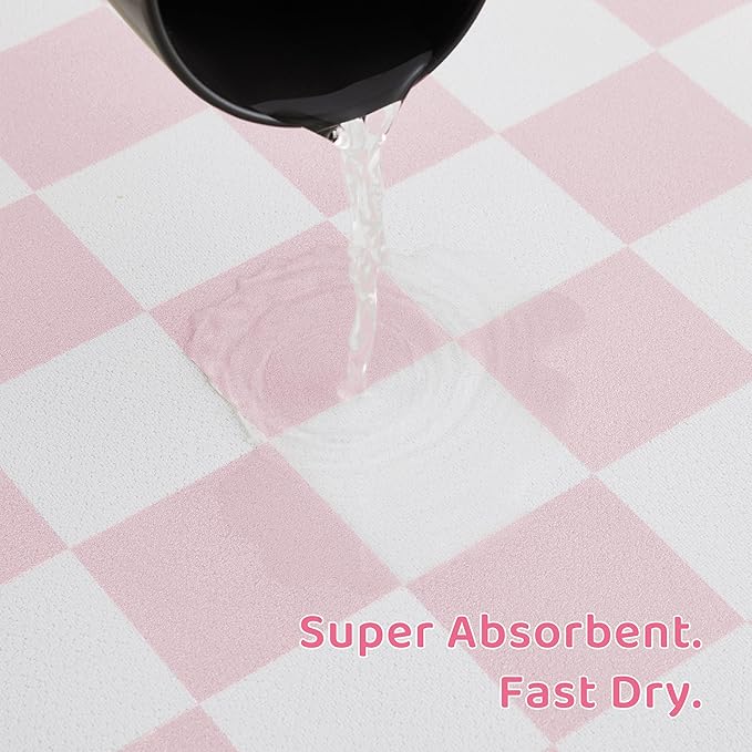 Checkered Dog Feeding Mat, Absorbent Mats for Dog Food and Water Bowl, Dispenser, Feeder, Retro Aesthetic Pastel Pink Checkerboard Pet Placemat for Dogs, Cats, Puppy Accessories, 16" X 24”