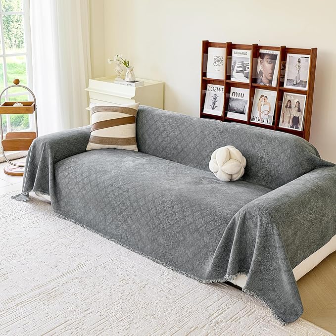 VANJOROY Grey Oversized Couch Sofa Cover for 3-4 Cushion 91"x 150" Sectional Sofa L-Shape -Washable Chenille Couch Cover for Dogs Pets, Couch Cover Protector Soft Sofa Slipcovers
