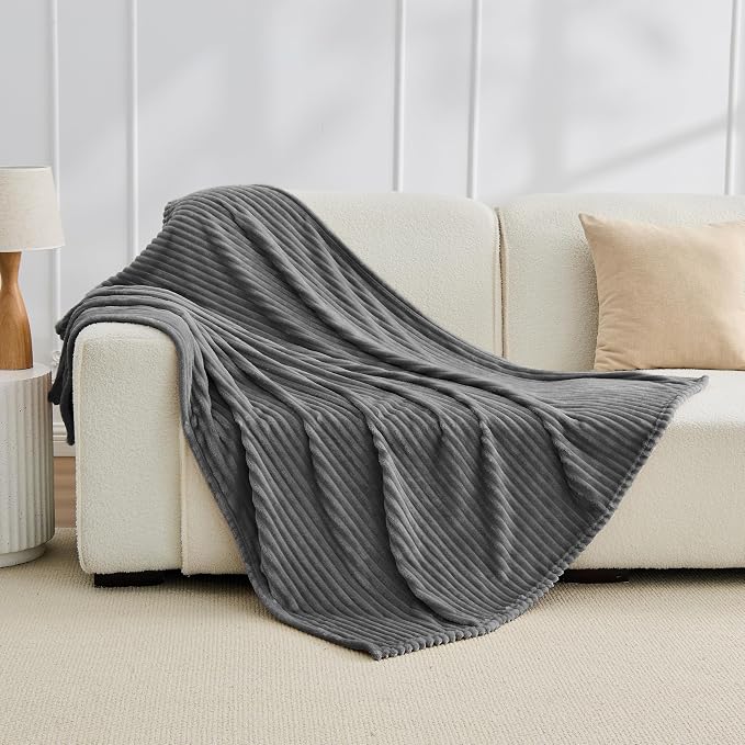 Bnuitland Fleece Throw Blanket for Couch, 300GSM Soft Warm Cozy Fluffy Throw for Adults & Kids, Stripe Pattern, All Season Sofa Bed Blanket for Home Decor, Grey 50"x60"