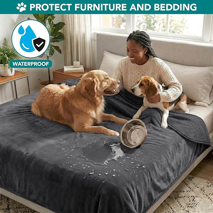 PetAmi Premium Waterproof Dog Blanket for Medium Large Dogs, Reversible Sherpa & Flannel Fleece, Leakproof Pet Throw for Couch Protection, Soft Plush Furniture Protector for Cats, Washable, 40x60 Grey