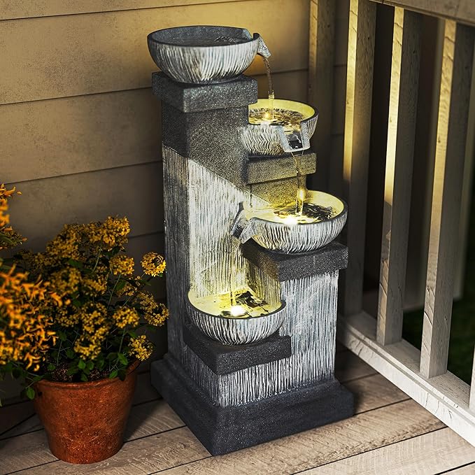 Outsunny 33.5" Tall Outdoor Water Fountain, 4-Tier Floor Standing Resin Cascading Bowls Waterfall Fountain with LED Lights, Pump for Garden, Patio, Backyard
