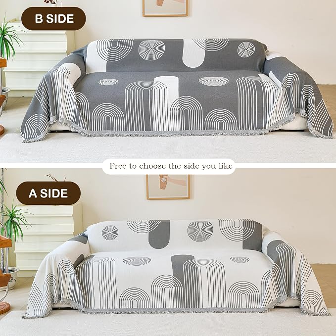 VANJOROY Boho Oversized Couch Sofa Cover for 3-4 Cushion Sectional Sofa L-Shape -Washable Chenille Couch Cover for Dogs Pets, Grey Couch Cover Protector Soft Sofa Slipcovers with Tassel,91"x 150"