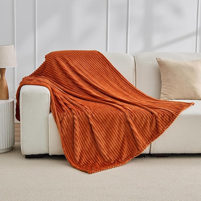 Bnuitland Burnt Orange Fleece Throw Blanket, 300GSM Soft Warm Cozy Fluffy Throw for Babys & Pets, Stripe Pattern 50"x40", All Season Sofa Bed Blanket for Home Decor