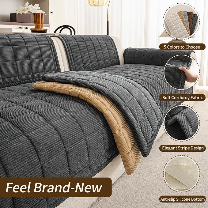 Velvet Couch Covers for Sectional Sofa Washable, Non-Slip L Shaped Sectional Couch Cover, Soft Pet Couch Covers for Sofa, Furniture Slipcovers for 2-3 Cushion Couch(1PC,35"x71",Dark Grey)