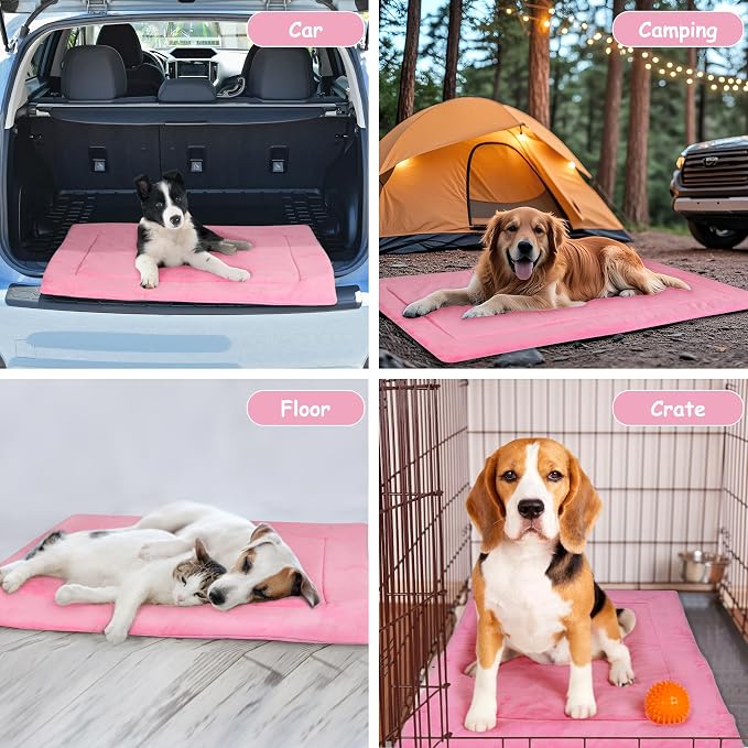 Kritter Planet Waterproof Foldable Dog Bed Pad for Camping & Travel, Portable Roll-Up Dog Bed Car Seat Pet Cushion Mat with Handles for Small & Medium Dogs, Indoor & Outdoor Use, Pink