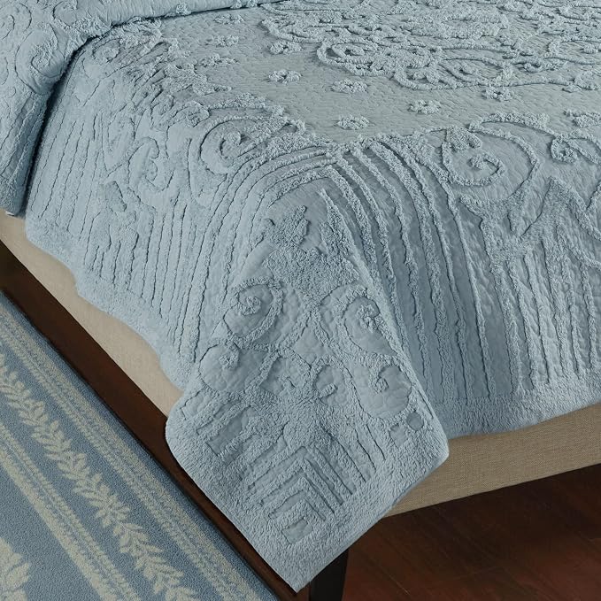 Lorenza Pure Cotton Chenille Bedding | Calming Cool Blue | Soft Tufted Scrollwork and Floral Designs | Solid Color 3-Piece Quilted Bed Set includes Oversized Queen Quilt and 2 Standard Pillow Shams
