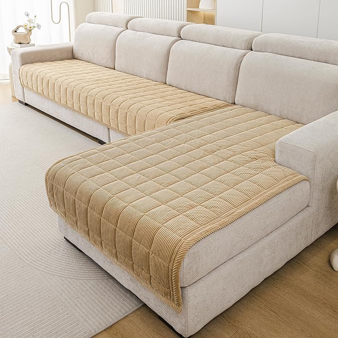 Velvet Couch Covers for Sectional Sofa Washable, Non-Slip L Shaped Sectional Couch Cover, Soft Pet Couch Covers for Sofa, Furniture Slipcovers for 3 Cushion Couch(1PC,35"x83",Light Brown)