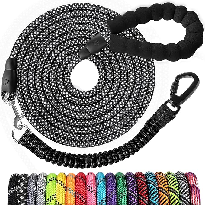 jenico Long Dog Leash 50FT: Heavy Duty Rope Leashes for Dogs Training with Swivel Lockable Hook Reflective Threads Bungee and Padded Handle - Dog Lead for Large Small Medium Dogs Outside Walking