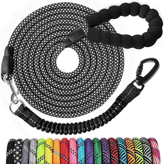 jenico Long Dog Leash 15FT: Heavy Duty Rope Leashes for Dogs Training with Swivel Lockable Hook Reflective Threads Bungee and Padded Handle - Dog Lead for Large Small Medium Dogs