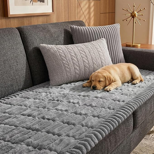 Fixwal Waterproof Dog Couch Cover, Washable Non-Slip Pet Couch Covers for Sofa, Leak-Proof Sofa Protector for Dogs, Pet Friendly Thick Soft Fuzzy Furniture Cover (Light Grey, 27.6" x 70.9")