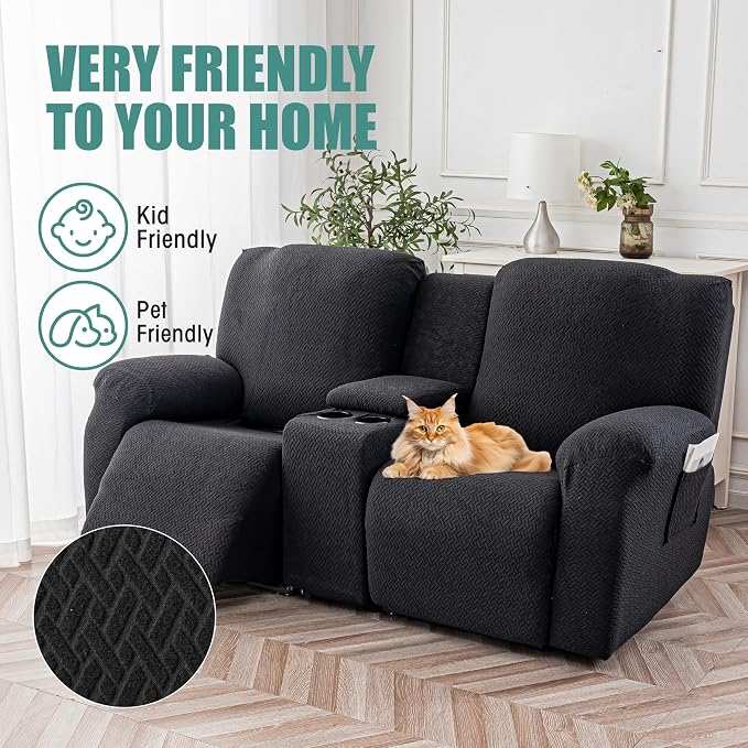 Genina Recliner Loveseat Covers with Console, Stretch Reclining Sofa Covers, 2 Seater Couch Cushion Stripe Jacquard Recliner Slipcovers - Furniture Protector Covers for Pet(Black)