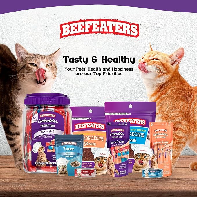 Beefeaters Variety Pack Pure Cat Treats 1.59oz (12 Pack) | Lickable Squeeze Tube Treats, Grain-Free, No Added Sugar, Taurine-Enriched, Ideal for Bonding, Seniors, Toppers & Everyday Treating