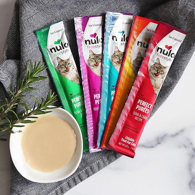 Nulo Freestyle Lickable Cat Treats - Perfect Purées Tuna & Scallop, Squeezable Grain-Free Wet Cat Food Topper, High Moisture for Hydration, 48 x 0.5oz