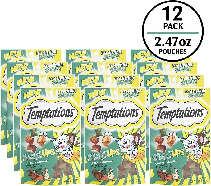 Temptations Cat Treat ShakeUps, Crunchy and Soft Cat Treats, Clucky Carnival, 2.47 oz. Pouches (Pack of 12)