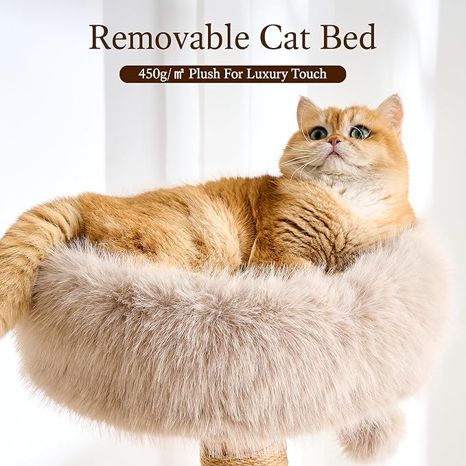 HITTITE Natural Wood Cat Tree Tower with Scratching Post, 56.8 Inches Tall Modern Cat Tower with Cozy Bed and Condo, Luxury Real Branch Cat Tree for Indoor Cats Large Adult, Khaki.