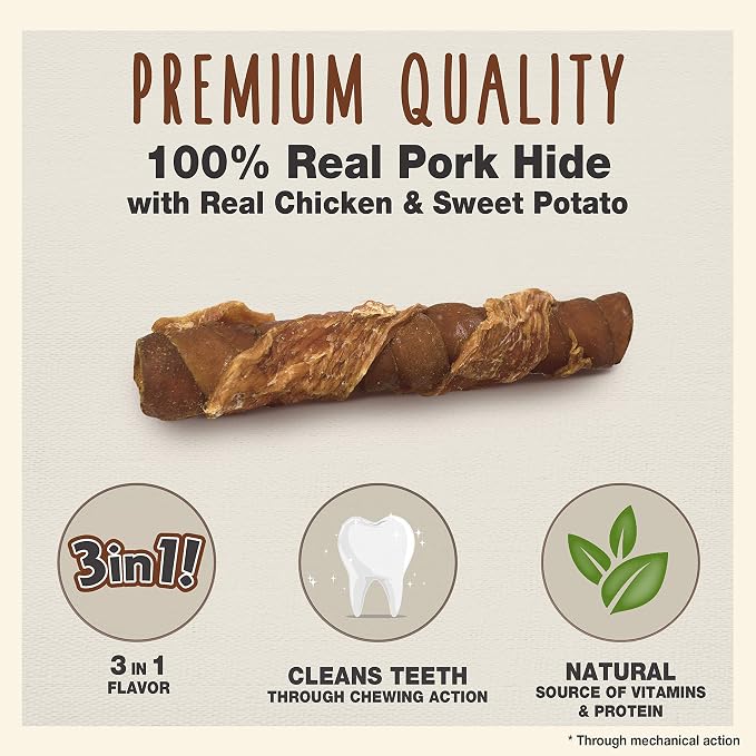 Cadet Gourmet Triple Chews Long-Lasting Pork Hide Sticks with Sweet Potato and Chicken, Healthy Dog Treats for Small & Large Dogs, 18 Count