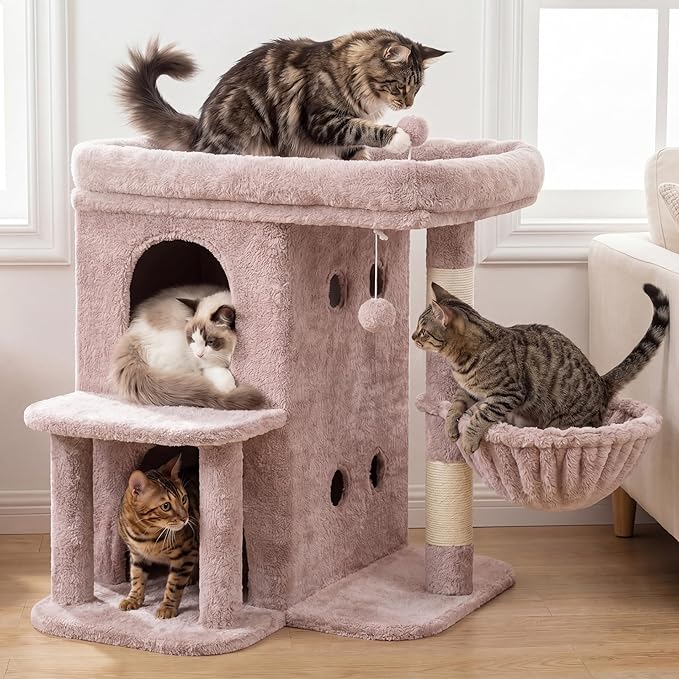 Heybly Cat Tree, 26.3-inch Cat Tower with Spacious Top Perch for Large Cats, Stair-Style Cat House Furniture with Dual-Layer Condos, Sisal Scratching Posts, Cozy Basket & Pompom, Muchroom HCT204SMU