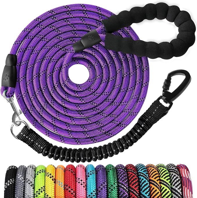 Long Dog Leash 20 FT: Heavy Duty Rope Leashes for Dogs Training with Swivel Lockable Hook Reflective Threads Bungee and Padded Handle - Dog Lead for Large Small Medium Dogs Outside Walking Hiking